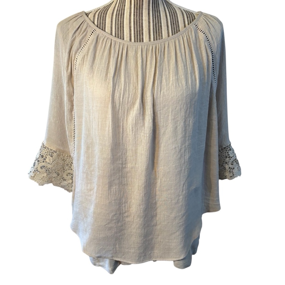 I.N. Studio Tunic Top Large Light Beige/ Cream layered Tank Lace Eyelets Blouse